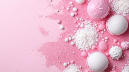 Pink background with powder, makeup balls, and skincare theme