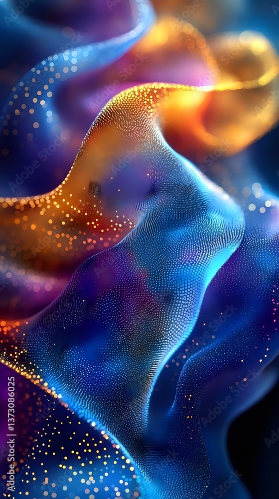 Poster abstract flowing waves with glowing particles in blue and orange colors create dynamic motion effect