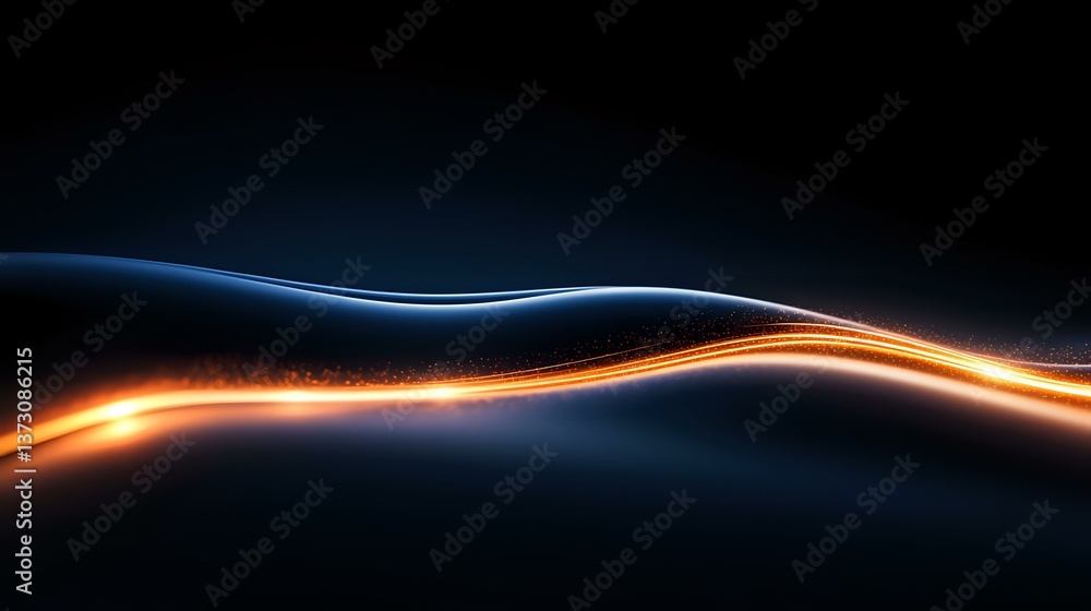 Poster glowing orange and blue light waves with sparkling particles flow against dark background creating d