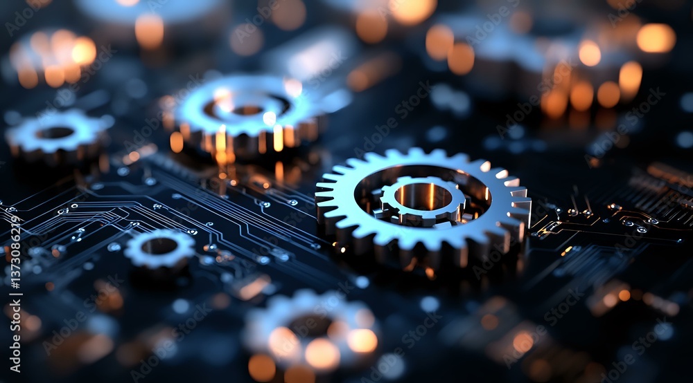 Poster glowing mechanical gears on circuit board with orange bokeh lights, macro photography showing indust