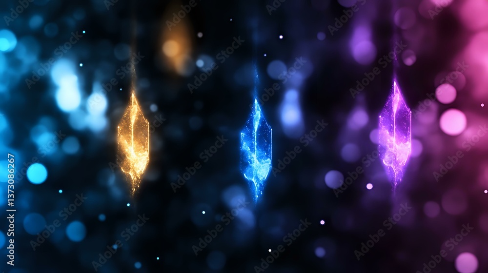 Poster glowing magical crystals floating in mystical space with blue, gold and purple bokeh lights creating
