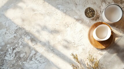 Top view of milk and coffee setup on textured cream surface