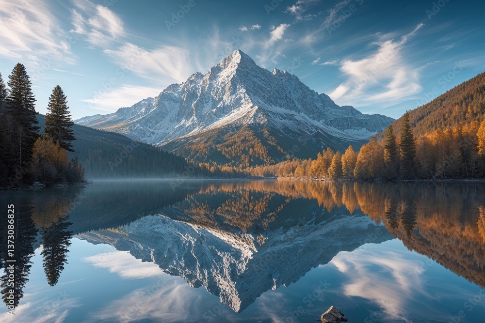 Poster tranquil mountain reflection with beautiful bokeh and depth