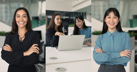 Collage view of two multinational confident businesswomen posing and collaborating in office using modern laptop. Diversity, professionalism, empowerment of women in workplace, careerism and success