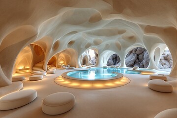 Luxurious indoor pool with futuristic organic architecture, curved structures, and soft ambient lighting, creating a relaxing atmosphere with a rocky background. Ai generative
