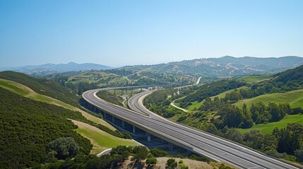 Elevated Highway Winding Through Verdant Hills