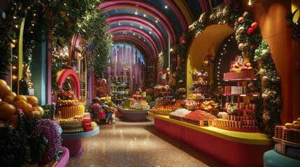 Colorful candy store aisle with vibrant lighting