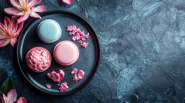 Elegant macarons on black plate with flowers over blue backdrop
