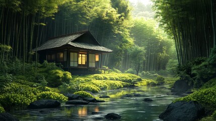 Fototapeta premium House near a stream surrounded by bamboo forest with sunlight