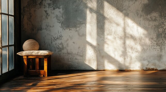 Wooden floor with zen stones and warm window sunlight