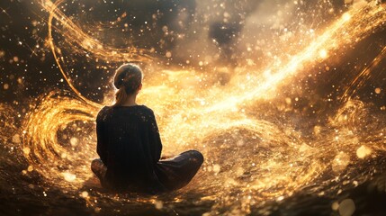 Obraz premium Surreal meditation with swirling golden particles