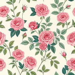 Seamless floral pattern with pink roses and leaves in vintage style