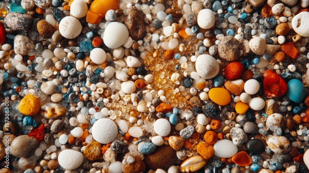 Poster colorful pebbles and shells on the beach macro texture