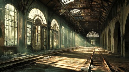 Abandoned train station interior with sunlight streaming through arched windows