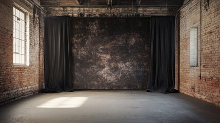Empty industrial space with concrete walls and curtains