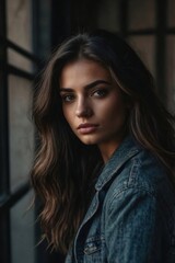 Fototapeta premium Italian woman with striking eyes and flowing hair gazes intently, exuding a sense of quiet confidence and timeless beauty.