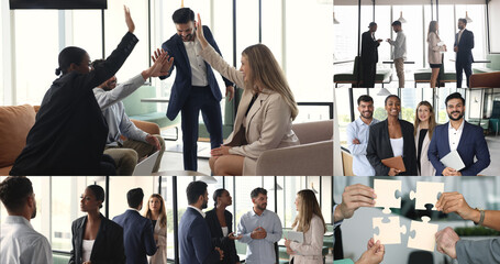 Collage, group of diverse professionals engaging in collaborative activities, exuding teamwork and strong sense of unity. Collaboration, problem-solving, achieving common goals. Partnership, synergy