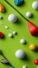 An overhead composition of golf equipment and several golf balls