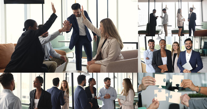 Collage, group of diverse professionals engaging in collaborative activities, exuding teamwork and strong sense of unity. Collaboration, problem-solving, achieving common goals. Partnership, synergy