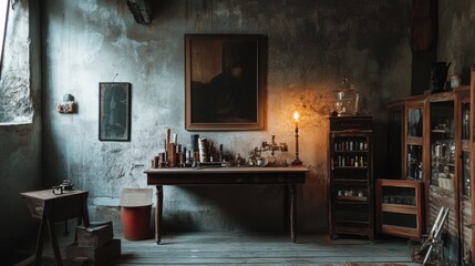 Moody vintage room with art and wooden furniture