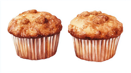 Classic muffins on a white background, illustrated in a watercolor style. A soft and delicious baked treat.