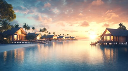 Sunset Overwater Bungalows in Tropical Paradise