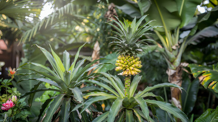 Lush Banana Plantation with Green Leaves and Bunches of Growing Bananas in a Tropical Farm