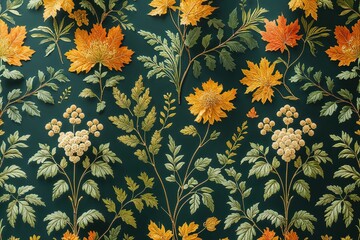 Vibrant Autumn Botanical Wallpaper Design with Gold Accents and Lush Green Foliage