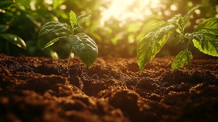 Two small green plants growing in rich brown earth soil