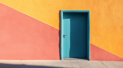 Colorful geometric wall with blue door and shadows