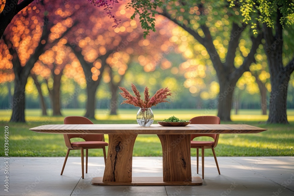 Poster open grain dining table surrounded by soft bokeh trees in peaceful park setting for product display