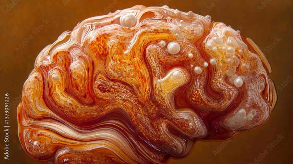Aufkleber Abstract image of swirling orange and white textured form resembling brain or organic structure with embedded pearl-like element suggesting fluidity complexity and possibly scientific,artistic concept