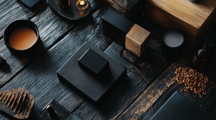 Minimalist black desk setup with tech accessories