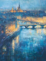 Obraz premium Painting shows a city skyline reflected in water with a