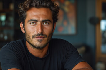 Obraz premium A handsome Middle-Eastern man with curly hair and a thoughtful expression, captured in a warm, cozy indoor setting.