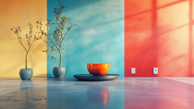Bold color blocking interior with vases and shadows