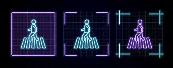 Pedestrian crossing illustration, cyber neon visual, glowing border grid vector.