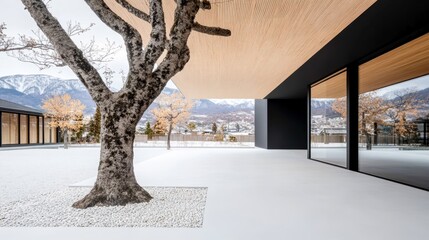 Modern architecture blends with nature in a serene setting featuring a striking tree and snow-covered ground
