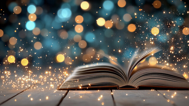 open book with glowing lights. Artistic representation of magic and wisdom emerging from old book.