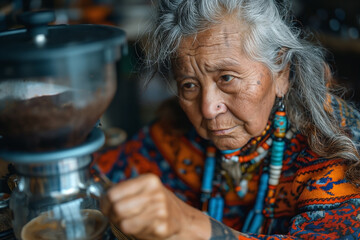 An elderly Indigenous woman skillfully brews coffee, showcasing her cultural heritage through traditional attire and intricate jewelry.