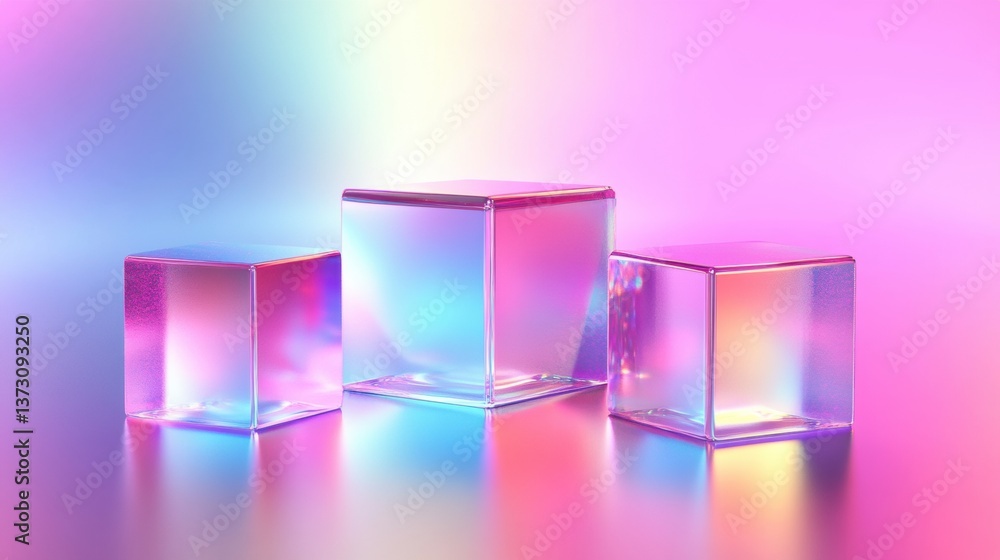 Poster Futuristic minimalistic design featuring floating colorful 3D cubes with soft reflections in a neon gradient background