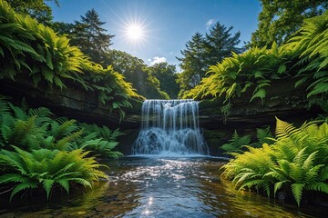 Fototapeta premium Serene Waterfall Nestled in Vibrant Ferns and Clear Blue Summer Sky