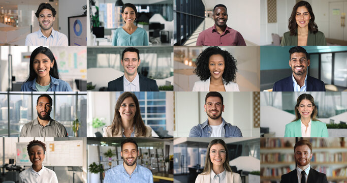 Collage of diverse businesspeople posing in office, multiple faces, head shot view. Different women and men, professionals, company representatives in business environment. Executive, boss portraits