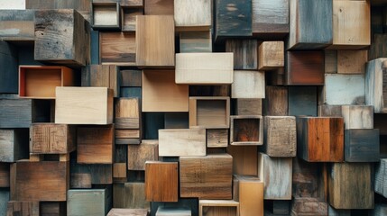 Abstract wooden cube structure wall installation