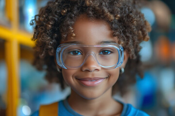 A joyful young Black girl with curly hair, wearing clear glasses, smiles warmly in a vibrant, colorful setting.