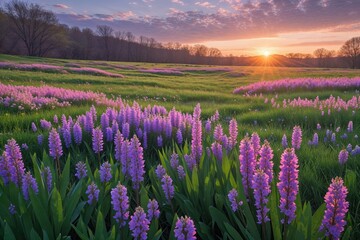 Obraz premium Luminous Spring Meadows at Dusk with Gentle Evening Glow