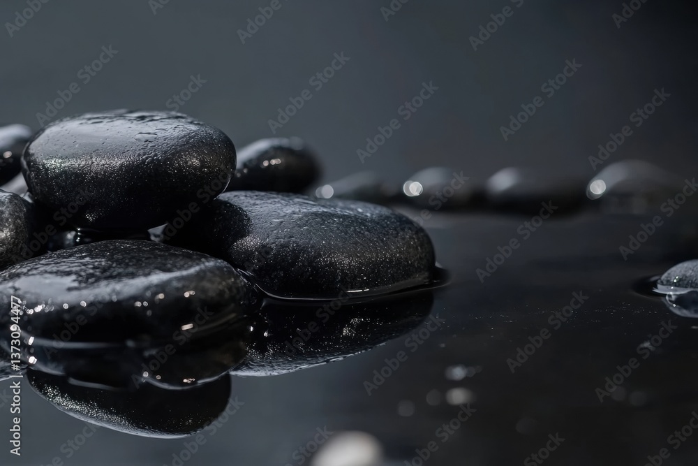 Poster close-up of smooth black river stones resting on a wet surface reflecting soft light with minimalist