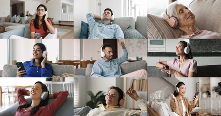 Collage of multinational people relaxing at home wear headphones using smartphones listening music on weekend, enjoy hobby and modern technologies. Digital streaming music services users, hobby, tech