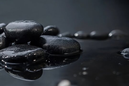 Close-up of smooth black river stones resting on a wet surface reflecting soft light with minimalist texture and deep contrast in nature