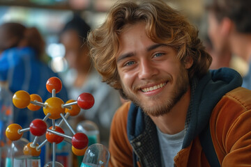A young Caucasian male with curly hair smiles warmly while sitting in a vibrant educational setting.